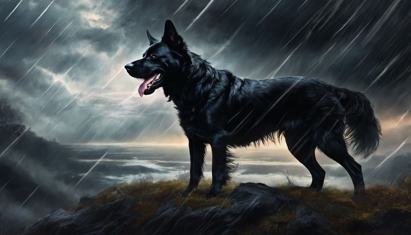Un chien noir féroce montrant ses dents dans un contexte orageux