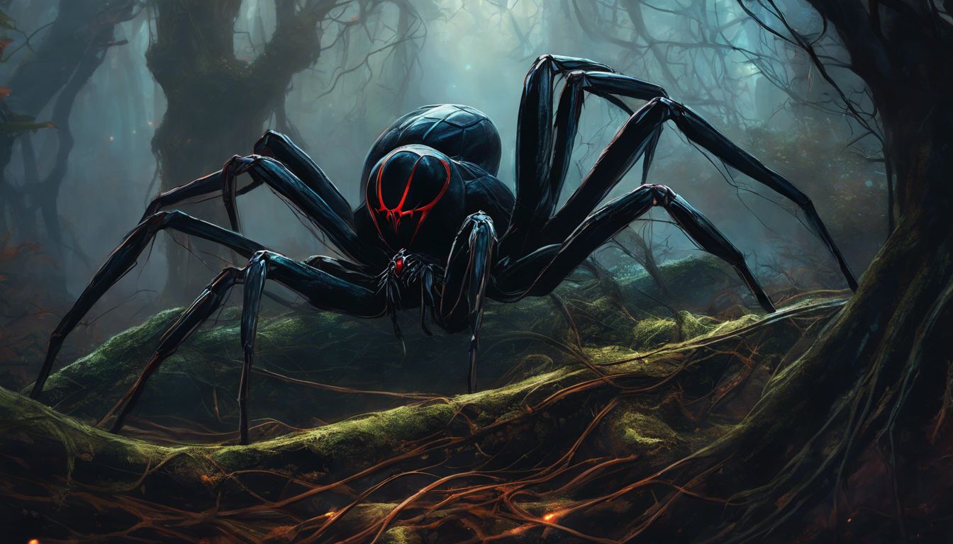 Une veuve noire rampe sur les racines tordues de la forêt