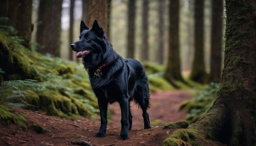 a beautiful black dog in a forest