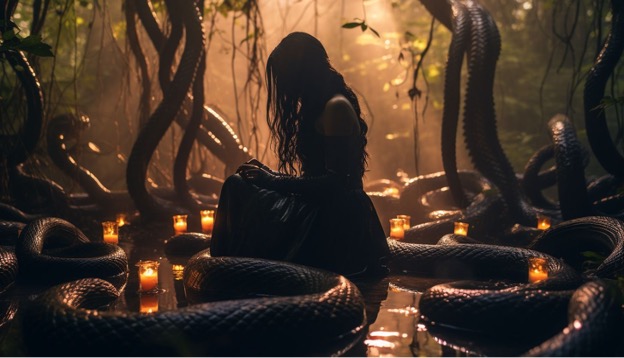 femme entourée de serpents noirs