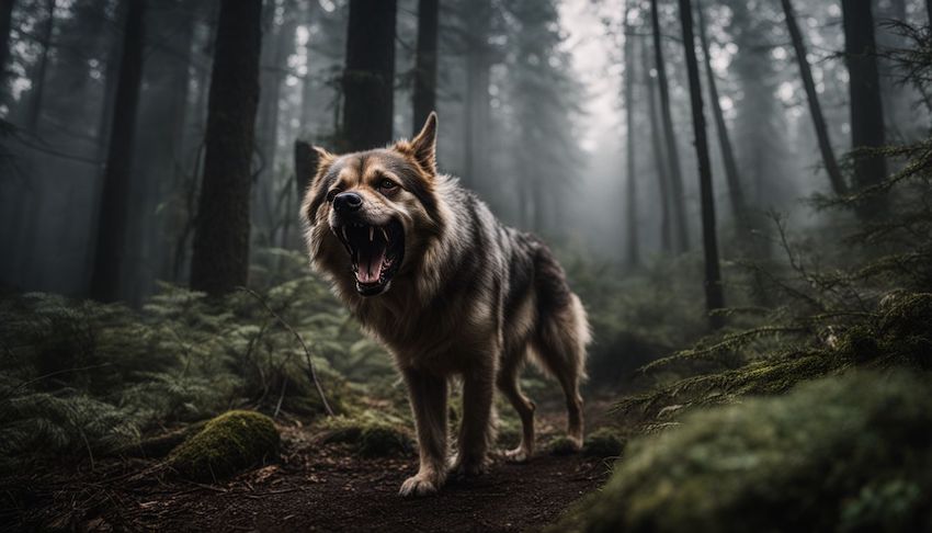 a menacing dog ready to attack in a dark forest