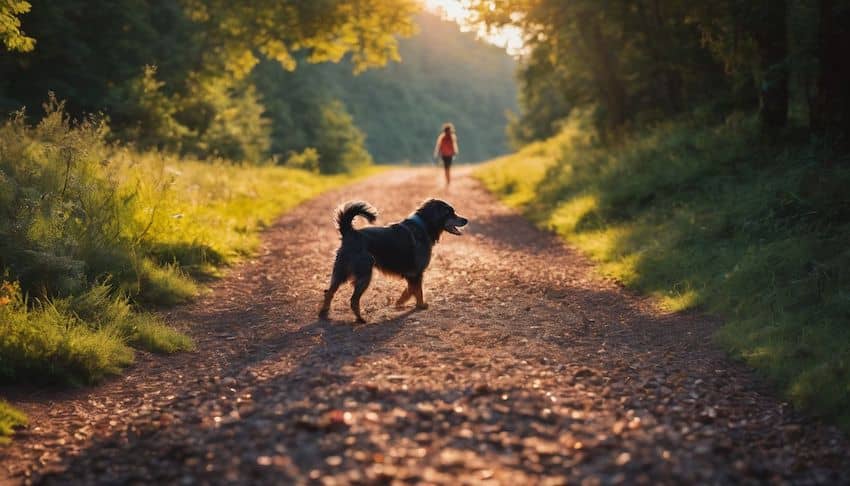 dog walking with its owner in the countryside