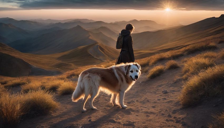a dog with its owner on top of a mountain