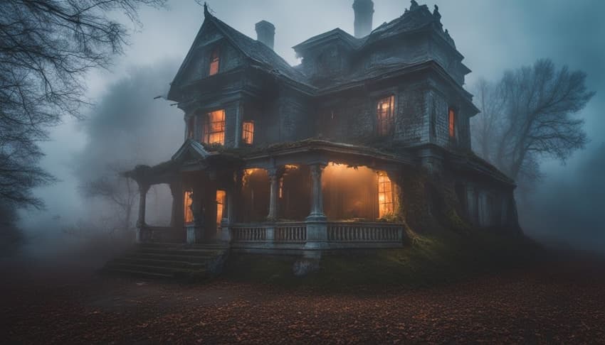 a haunted house in the mist