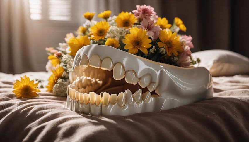 denture on a bed of flower