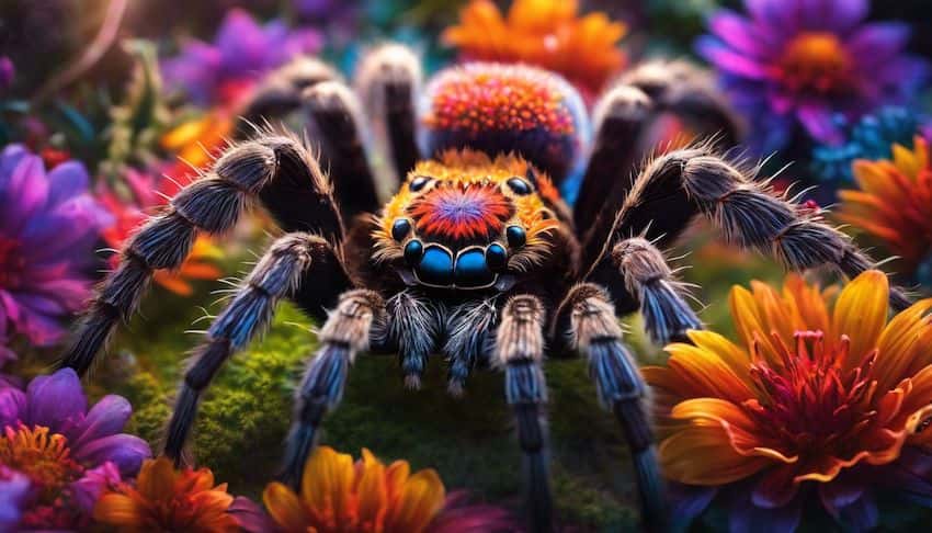a colorful tarantula in a dream landscape with flowers